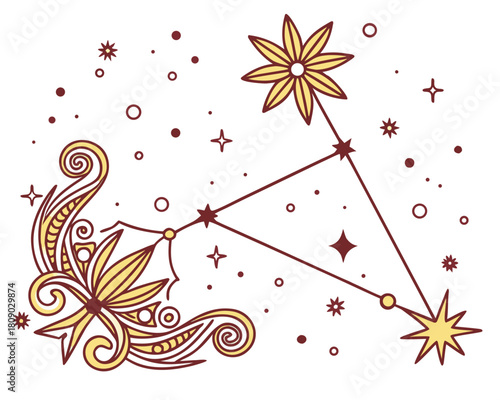 Vector illustration of an abstract astrological constellation design connecting stylized floral stars and golden ornamental swirls on a pure white background.