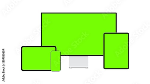 Animated set of digital devices, monitor, tablets and smartphone with green screens. Mockup for presenting UI, apps and web design