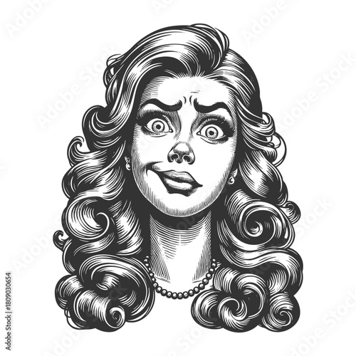 retro woman with wide eyes and raised eyebrows showing confusion or disbelief sketch engraving generative ai fictional character vector illustration. Scratch board imitation. Black and white image.