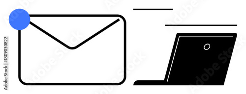 Envelope with notification icon next to an open laptop representing email communication. Ideal for messages, notifications, updates, online connections, remote work, technology, communication. Simple