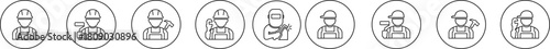 Construction worker icon set builder plumber painter welder engineer maintenance labor character vector pack, black and white and solid professional industry tool avatar symbols for service and repair