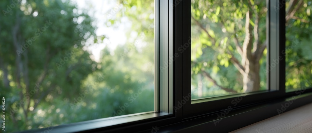 Naklejka premium View through a window with a green blurred background