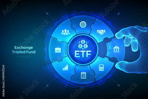ETF. Exchange traded fund stock market trading investment financial concept. Business Growth. Stock market index fund. Hand places an element into a composition visualizing ETF. Vector illustration.