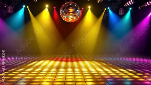 A brightly lit dance floor features a disco ball and colorful neon lights illuminating the space for a lively party atmosphere