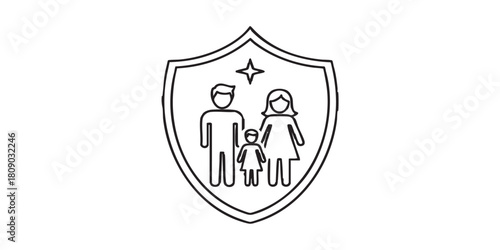 Family on safety emblem thin line icon, family lawyer concept. Vector graphics. Parents with child on shield, protection sign on white background, linear style for mobile or design