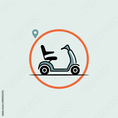 This mobility scooter icon is enclosed within a location pin, symbolizing accessibility, outdoor activities, and convenient transportation for all individuals.