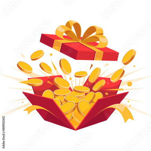 An enchanting red gift box bursts open, revealing a shower of shiny golden coins, symbolizing prosperity, surprises, and the joy of giving during festive moments.