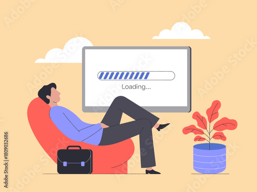 This illustration depicts a relaxed man lounging in a chair, watching a loading screen on a large TV, embodying the modern digital experience of entertainment technology.