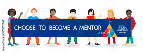 National Mentoring Month vector banner, celebrating annual in January in US. Diverse teens holding banner, call to become a mentor for youth. Movement to expand the opportunities for young people