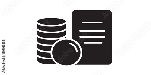 Taxes paper with coins stack solid icon, financial tech concept. Vector graphics. Government taxes list, finance and law sign on white background, glyph style icon for mobile or web design