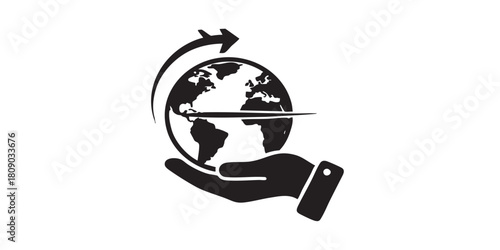 Helping hand and planet earth thin line icon, traveler survey concept. Vector graphics. World globe with hand, traveling sign on white background, style icon mobile or web design.