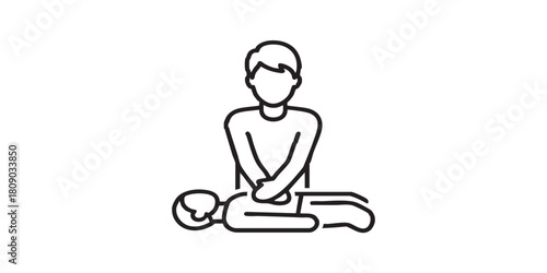 Rescuer performs heart massage thin line icon, human rescue concept. Vector graphics. Man help person, lifesavior sign on white background, linear style for mobile or design