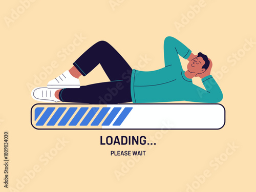 This illustration depicts a relaxed person waiting patiently while resting on a loading bar, symbolizing the essence of mindfulness and taking a break in our busy lives.