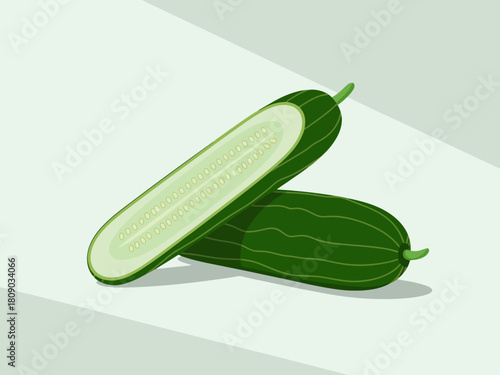 Two fresh cucumbers are artistically arranged, one cut in half, revealing its juicy, crisp interior, highlighting freshness and health in a modern minimalist style.