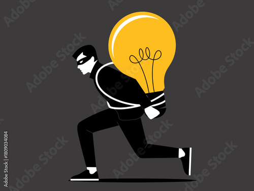 A creative illustration depicting a thief carrying a light bulb symbolizes the concept of idea theft. It creatively conveys the tension between innovation and theft.