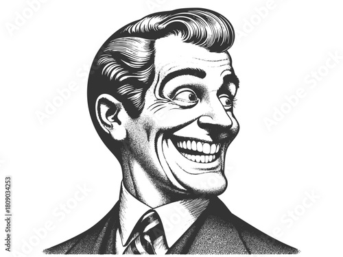 cheerful man with a wide smile, styled like classic advertising or comic art sketch engraving generative ai fictional character vector illustration. Scratch board imitation. Black and white image.