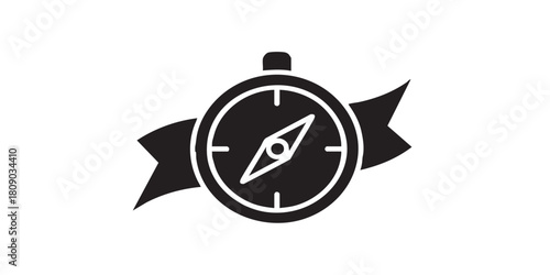 Compass with ribbon tape thin line icon, traveler survey concept. Vector graphics. Unknown location navigator, navigation sign on white background, style icon mobile or web design