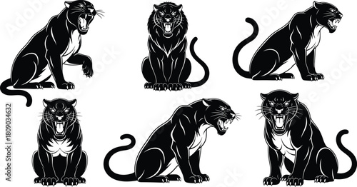 Black panther silhouettes in various poses vector graphics