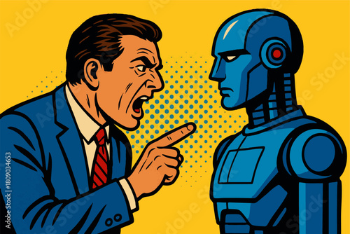 businessman shouting at a humanoid robot, symbolizing tech frustration, AI conflict, and rising digital tension. Generative ai vector colorful pop art illustration.