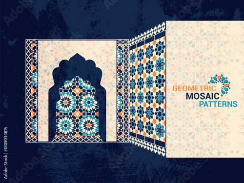 Islamic Arch Background with Moroccan Mosaic Tile Pattern - Arabesque Islamic Architecture Background with Zellige Texture.