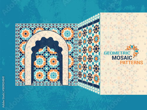 Islamic Arch Background with Moroccan Mosaic Tile Pattern - Arabesque Islamic Architecture Background with Zellige Texture.
