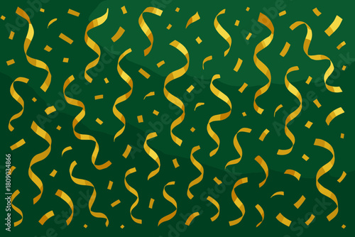 Golden Confetti Celebration. Golden confetti pieces cascade gently across the scene, creating a dynamic sense of movement and celebration. Set against a deep green. Vector illustration