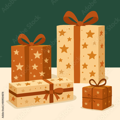 Whimsical Starry Gift Boxes. Gift boxes adorned with star patterns, each box varying in size and shape. The stars are scattered across the surfaces, giving a sense. Vector illustration
