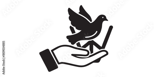 Pigeon and helping hand thin line icon, charity concept. Vector graphics. Hand with dove bird, peace sign on white background, style icon mobile or web design