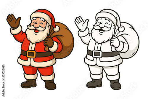 Joyful Santa Design. Santa Claus joyfully gestures with one hand while holding a sack of gifts over his shoulder. He wears a classic red suit with white trim, and. Vector illustration