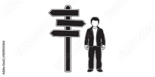 Signpost and volunteer man thin line icon, traveler survey concept. Vector graphics. Man at road way plank, location sign on white background, style icon mobile or web design