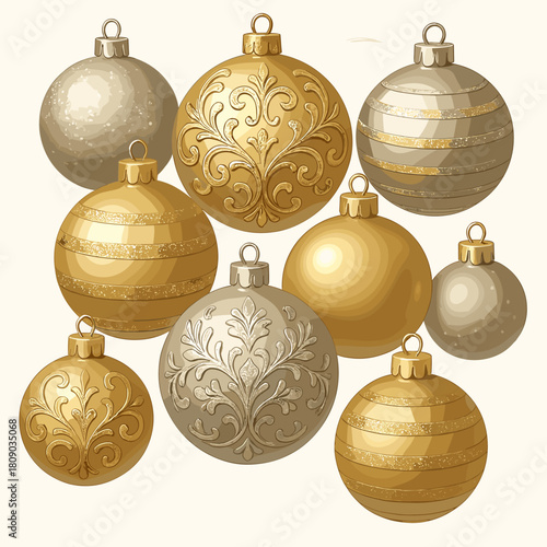 Elegant Christmas Ornaments. Collection of elegant Christmas ornaments, featuring a variety of baubles in gold and silver, adorned with intricate patterns and. Vector illustration