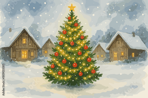 Festive Village Christmas. Festive Christmas tree stands prominently in the village, decorated with red baubles and twinkling lights. Positioned near a cluster of. Vector illustration