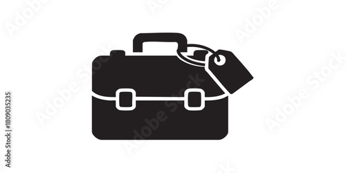 Briefcase with tag thin line icon, traveler survey concept. Vector graphics. Tourist luggage, baggage sign on white background, style icon mobile or web design.