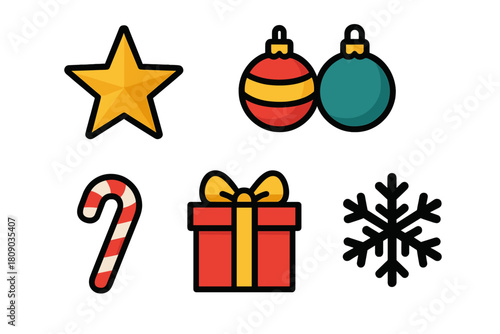 Festive Holiday Icons. Set of holiday icons featuring a Christmas star, baubles, a candy cane, a wrapped gift, and a snowflake. Each icon is distinct yet cohesive in. Vector illustration