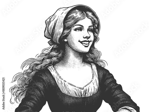 cheerful woman wearing historical clothing and headscarf, capturing classic charm, tradition, and old-world character sketch engraving generative ai vector illustration. Scratch board. Black and white