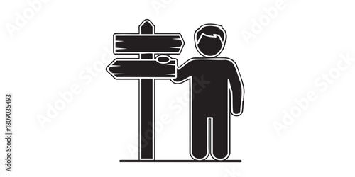 Signpost and volunteer man thin line icon, traveler survey concept. Vector graphics. Man at road way plank, location sign on white background, style icon mobile or web design