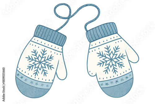 Snowflake Mittens Design. Pair of mittens connected by a string, designed with intricate snowflake patterns. The mittens are knitted in soft wool, with hues of white. Vector illustration