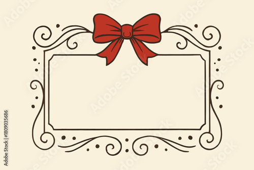 Elegant Holiday Frame. Smaller, elegant frame featuring a red bow at the top center, outlined with swirls and dots. The frame exudes a sense of sophistication with. Vector illustration