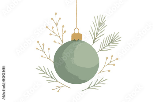 Elegant Christmas Ornament. Soft green Christmas ornament, elegantly simple, suspended by a thin golden chain. Its muted tones evoke a serene, wintery atmosphere,. Vector illustration