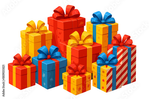 Festive Gift Boxes. Collection of variously sized gift boxes adorned with vibrant bows, arranged in a cascading formation. The boxes display an array of festive. Vector illustration