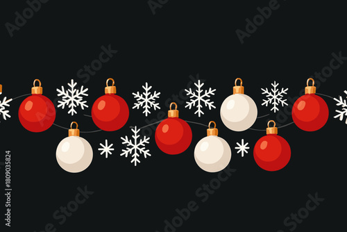 Festive Snowflake Garland. Festive garland composed of red and white baubles interspersed with delicate snowflake motifs stretches horizontally. The arrangement. Vector illustration