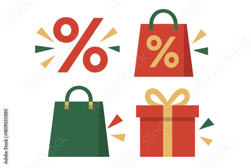 Festive Holiday Sale Icons. Series of holiday sale icons, including percentage signs, shopping bags, and gift boxes. These are arranged to create a sense of. Vector illustration
