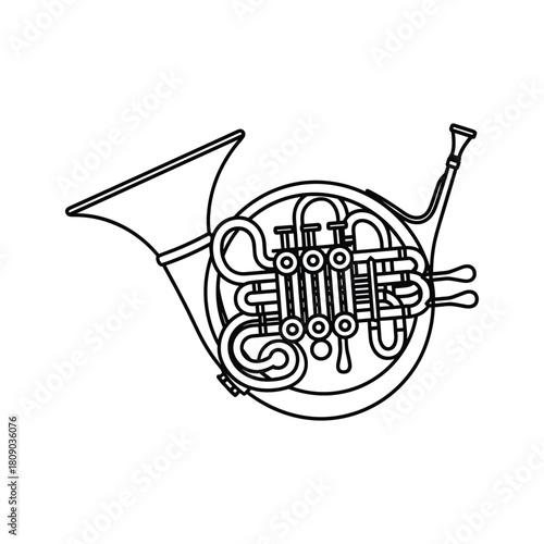 Illustration of a french horn isolated on in black outline