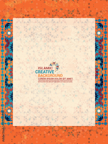 Minimal Islamic Abstract Background with Colorful Tile Borders - Modern Islamic Mosaic Frame Background for Graphic Design.