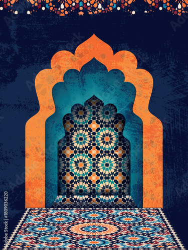 Islamic Arch Background with Moroccan Mosaic Tile Pattern - Arabesque Islamic Architecture Background with Zellige Texture.