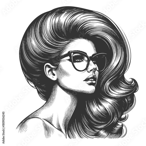 fashionable woman with retro hairstyle, bold glasses, confident expression on white background sketch engraving generative ai fictional character vector illustration. Scratch board. Black and white.