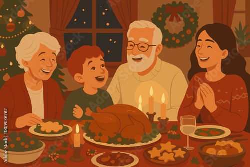 Festive Christmas Feast. Festive dinner table set for Christmas, laden with delicious food and surrounded by family members in happy conversation. The warm glow of. Vector illustration