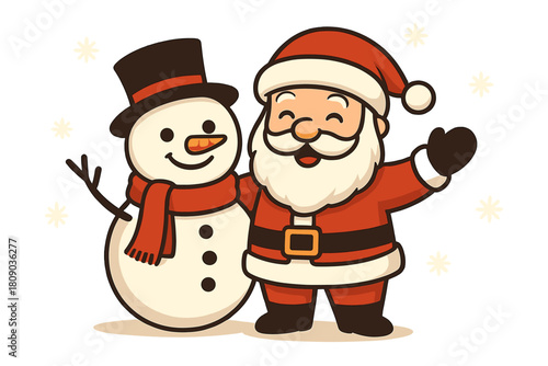 Festive Snowman Scene. Snowman with a black top hat and red scarf stands cheerfully beside Santa. Snowflakes gently fall around, adding to the winter wonderland. Vector illustration