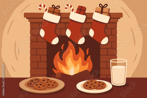 Cozy Fireplace Setting. Cozy fireplace setting with stockings hanging from the mantel, each filled with small gifts and candy canes. The flames dance warmly, casting. Vector illustration