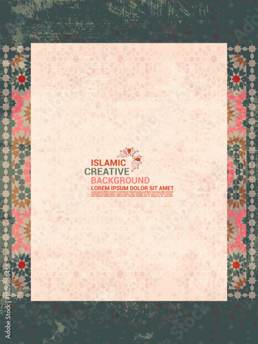 Minimal Islamic Abstract Background with Colorful Tile Borders - Modern Islamic Mosaic Frame Background for Graphic Design.
